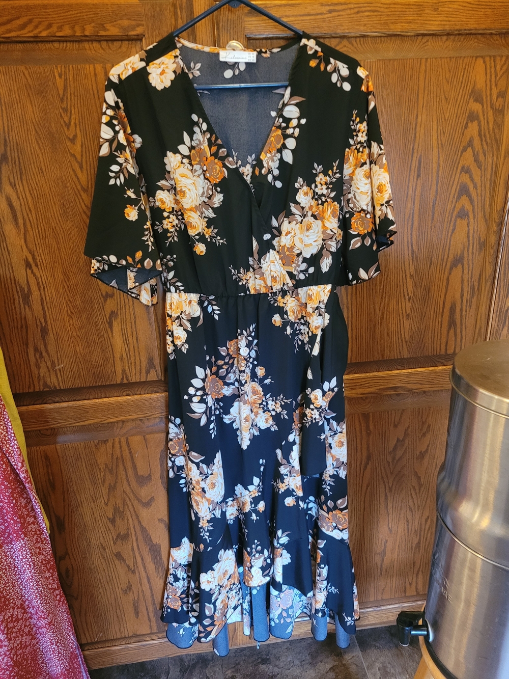Black Floral V-Neck Midi Dress with Yellow Floral Print